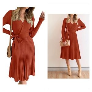 Long sleeve V Neck Ribbed Knit Pleated A Line Pullover Sweaterdress with Belt.